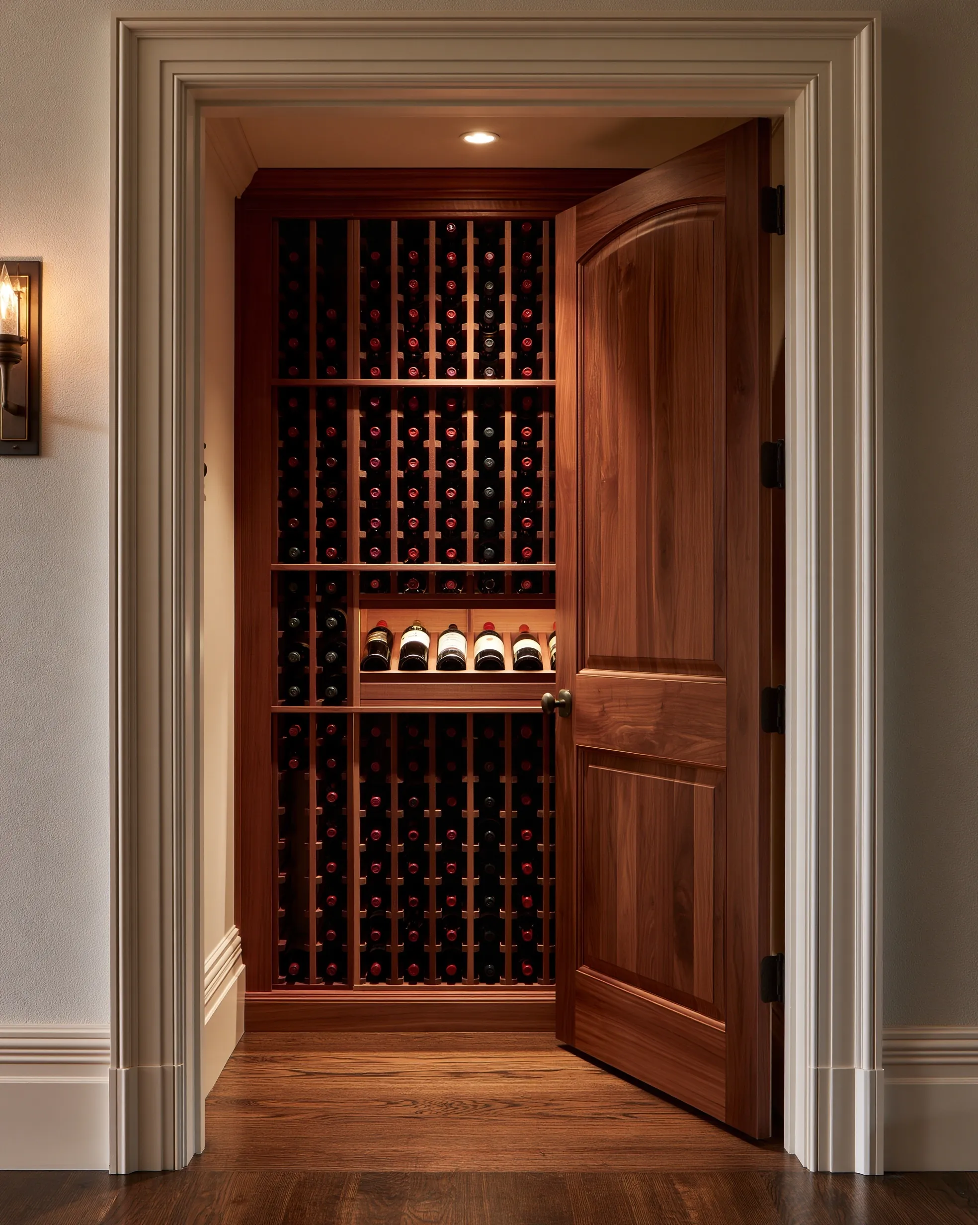 Former hallway closet with an arched-panel wood door open on floor-to-ceiling wood racking and a display shelf
