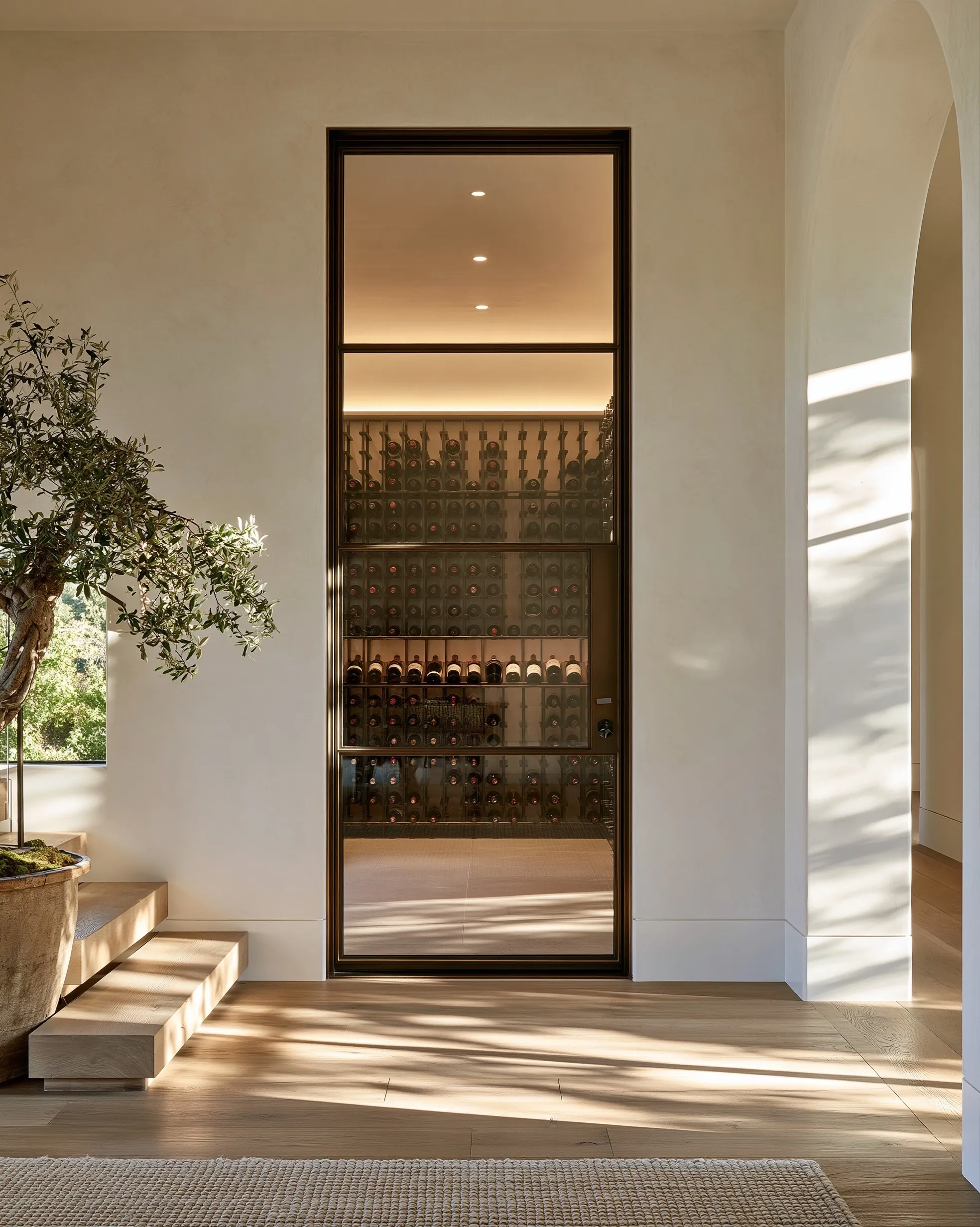 Tall bronze-framed glass cellar door set in a plaster hallway, showing lit racking through the glass