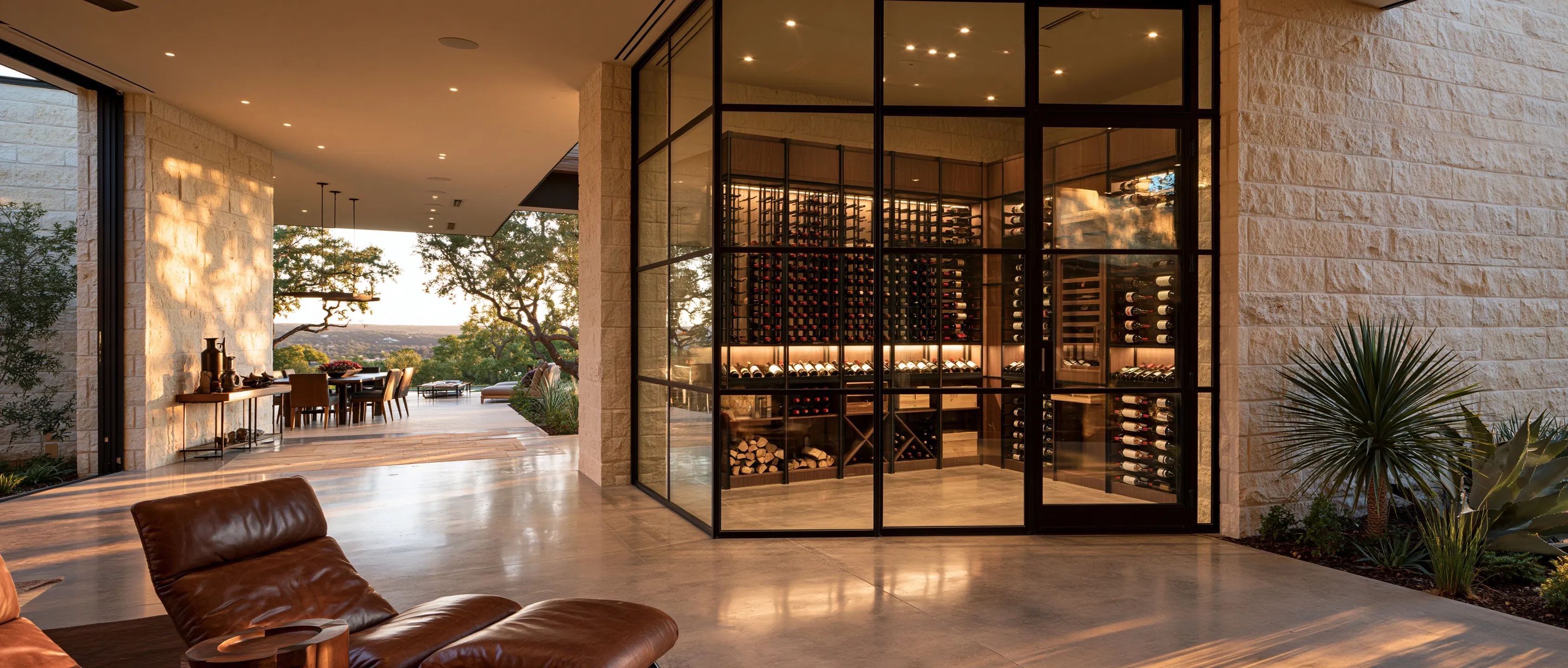 Black steel-framed glass wine room set into a cream limestone wall beside a covered terrace with live oaks and Hill Country views