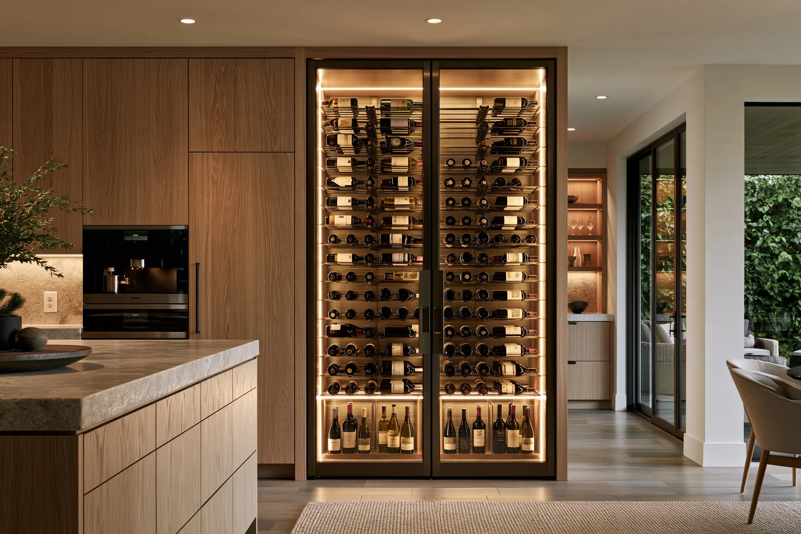 Two-door glass wine cabinet built into oak kitchen cabinetry beside a wall oven, with lit bottles on metal racks