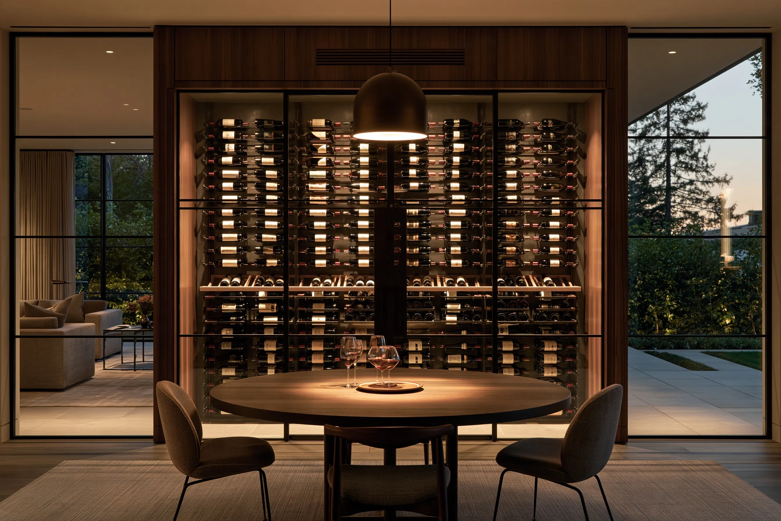 Floor-to-ceiling dining-room wine wall in walnut cabinetry behind black-framed glass, with a supply grille above and a round table in front